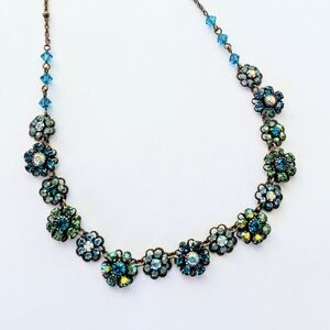 LIZ PALACIOS S.F. Brass A.B. Blue Crystal Flower Station Choker Necklace 17"